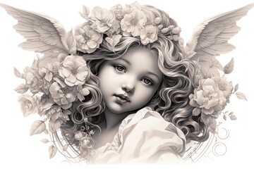 Fototapeta premium Little girl angel portrait with flowers and wings, retro syle drawing illustration