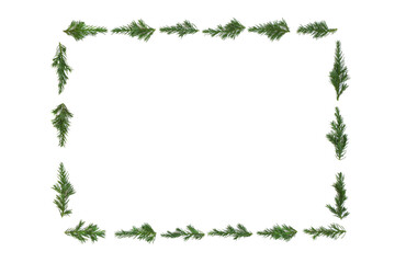 Juniper fir winter greenery background frame. Minimal Christmas, Noel, Yule frame design for invitation, logo, card, menu.  - 659326494