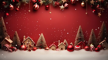 Christmas background with vibrant, festive red elements and decorations such as snowflakes, baubles, stars, and candy canes, creating a cheerful holiday atmosphere. Snow and gingerbread house.