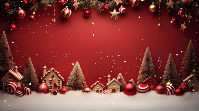 Christmas background with vibrant, festive red elements and decorations such as snowflakes, baubles, stars, and candy canes, creating a cheerful holiday atmosphere. Snow and gingerbread house.