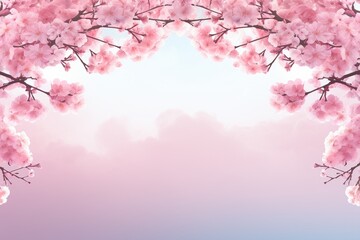 Obraz na płótnie Canvas Spring's Canvas: Artistic Image of Blossoming Sakura Tree Crowns Framed Against a Pink Sky Background with Ample Copy Space