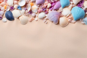 Seashell Summer Vibes: Close-Up View of Colored Seashells on Sandy Beach, Ideal for Summer Holiday Background