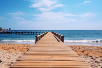Mediterranean Tranquility: Seascape Background of a Calm Sea, Sandy Beach, and Picturesque Pier on the Resort Coast