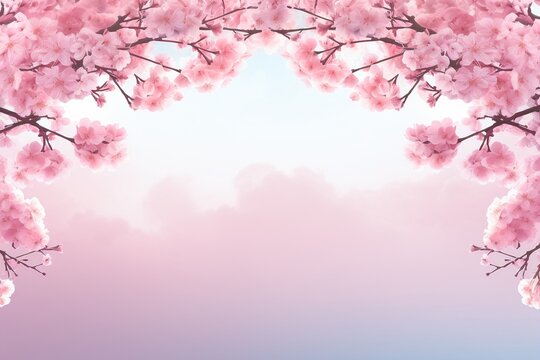 Spring's Canvas: Artistic Image of Blossoming Sakura Tree Crowns Framed Against a Pink Sky Background with Ample Copy Space