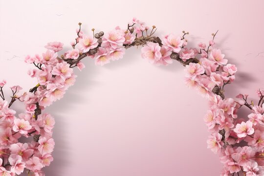 Spring's Canvas: Artistic Image of Blossoming Sakura Tree Crowns Framed Against a Pink Sky Background with Ample Copy Space