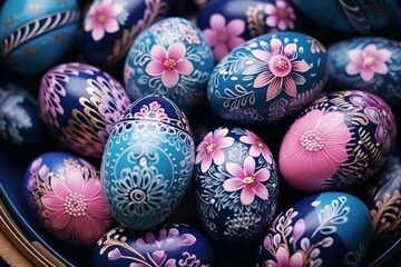 Fototapeta na wymiar Easter Elegance: Beautiful and Colorful Composition Featuring Richly Decorated Eggs in Luxurious Blue and Pink Hues