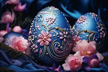 Obraz na płótnie Canvas Easter Elegance: Beautiful and Colorful Composition Featuring Richly Decorated Eggs in Luxurious Blue and Pink Hues