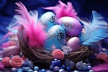 Easter Elegance: Beautiful and Colorful Composition Featuring Richly Decorated Easter Eggs and Feathers in Luxurious Blue and Pink Hues