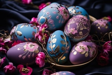 Fototapeta premium Easter Elegance: Beautiful and Colorful Composition Featuring Richly Decorated Easter Eggs and Feathers in Luxurious Blue and Pink Hues