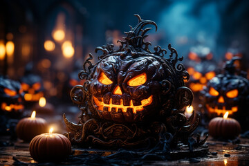 Greeting card, real photo of halloween celebration, with smoke background and neon effect