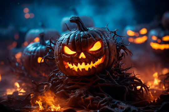 Greeting card, real photo of halloween celebration, with smoke background and neon effect