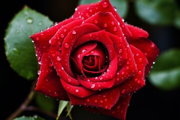 Dew-Kissed Beauty: Close-Up of a Beautiful Red Rose Glistening with Dew Drops in Nature