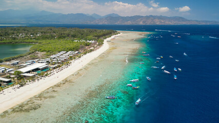 Amazing aerial view of Gili Meno coastline on a sunny day, Indonesia