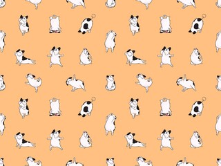 Fototapeta premium Hand drawn illustrations Cartoon style of French Bulldog breed on orange background. Design for seamless pattern. Texture for Fabric, Wrapping, Wallpaper, Textile, Print, Background.