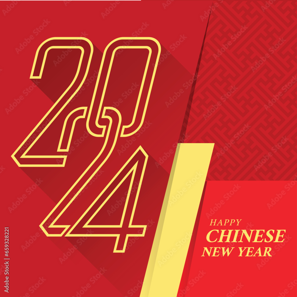 Poster happy chinese new year - gold text and 2024 number of year with border line letter modern sharp styl