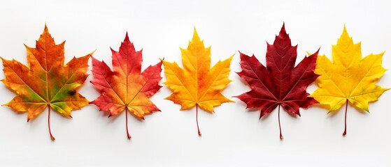 Ten Autumn Maple Leaves in Vibrant Colors on White Background