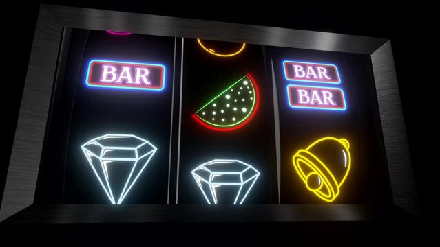Classic jackpot slot machine in casino with winning diamond gemstones - 3D 4k animation (3840 x 2160 px)