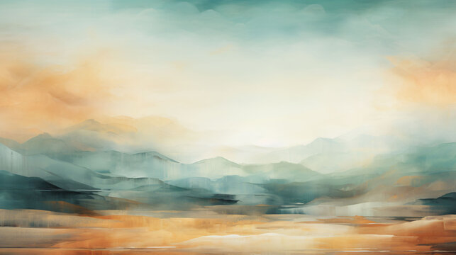 A landscape that is abstract. With a palette of greens, blues, and browns, the image is blurred and twisted.