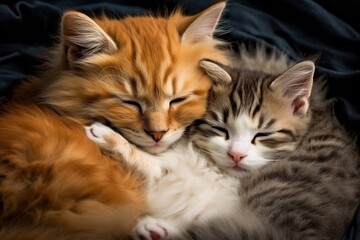 Adorable Mother Cat and Kittens Cuddled Together for a Nap