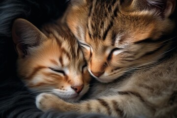 Adorable Mother Cat and Kittens Cuddled Together for a Nap