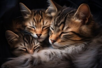 Adorable Mother Cat and Kittens Cuddled Together for a Nap