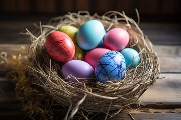 Fototapeta na wymiar Colorful Easter Eggs in Nest on Sunny Wooden Floor