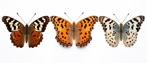 Set of Three Spotted Multicolored Butterflies: Painted Lady, Vanessa Kershawi
