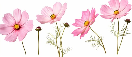 Three Pink Cosmos bipinnatus Flowers in Isolation