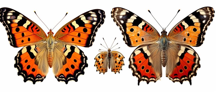 Set of Three Spotted Multicolored Butterflies: Painted Lady, Vanessa Kershawi