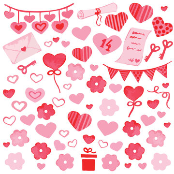 Set elements for Valentine's Day card: balloons, gift box, heart key, arrow, lot of hearts, letter, message, envelope. Great for design, print, textile, postcard. Vector illustration.