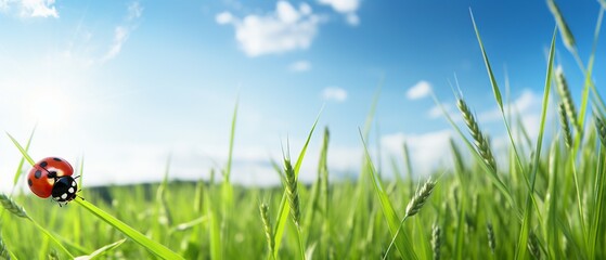 Close-up of Ladybug on Tall Green Grass in Spring
