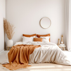 Scandinavian interior design of modern bedroom with terra cotta pillows and blanket.