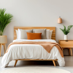 Fototapeta na wymiar Scandinavian interior design of modern bedroom. Bed with wooden headboard and bedside cabinet against grey wall with copy space.