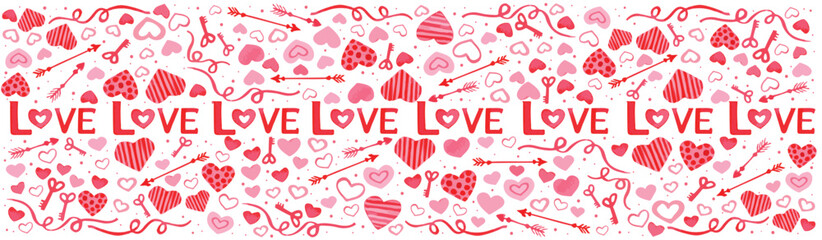 Long Pattern for Valentine's Day - lot of pink and red hearts in flat style, rad arrows, red key, the word love on white background. Symbol of love. Vector illustration.
