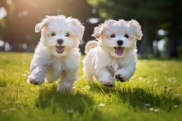 Playful Maltese Lapdog Puppies Frolicking on a Green Lawn