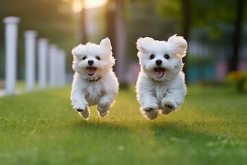 Playful Maltese Lapdog Puppies Frolicking on a Green Lawn