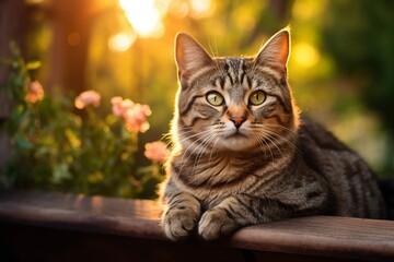 Tabby Cat with Green Eyes in Sunset Serenity