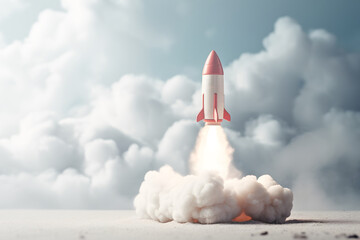 rocket with smoke in the sky. business growth and startup concept. - obrazy, fototapety, plakaty