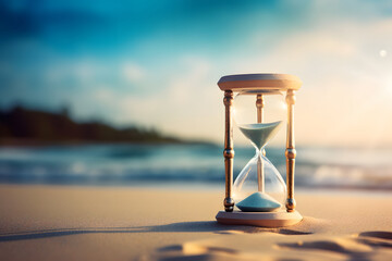 hourglass on sand with beach and sea sunset background