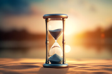 hourglass on sand with beach and sea sunset background