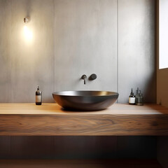 Stylish black vessel sink and faucet on wall mounted wooden countertop near concrete tiled wall with copy space. Minimalist interior design of modern bathroom.