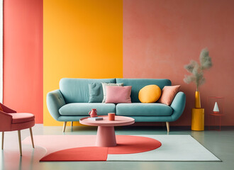 Blue sofa and round pink coffee table against multicolored stucco wall with copy space. Colorful,...
