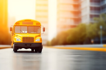 school bus on the street with school building background. back to school
