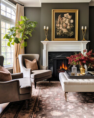 Vintage wing chairs by fireplace. Farmhouse home interior design of modern living room.
