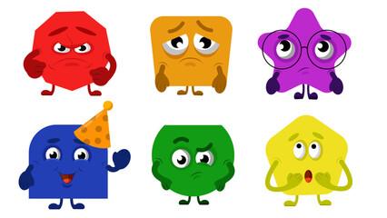 Set of colored characters of geometric shapes in cartoon style. Vector illustration with geometric characters in different poses and emotions: angry, sad, thoughtful, funny, surprised.
