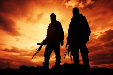 Papier Peint photo Brique Terrorists, Soldiers at sunset