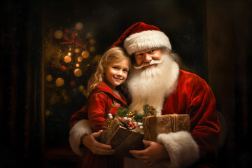 Fototapeta na wymiar Little cute girl getting gifts from Santa Claus at home. Christmas fairytale
