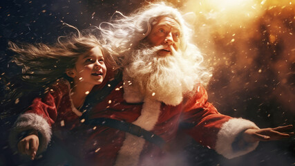 Santa Clause flying with little girl in clouds. Christmas fairytale. Christmas time