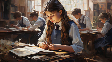 an image of girls and boys in school uniforms, studying together in a well-equipped classroom, promoting equal access to education and the shared pursuit of knowledge regardless of gender - obrazy, fototapety, plakaty