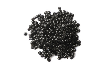 Black Caviar isolated on white background, top view. Sturgeon black caviar close-up. Delicatessen. Texture of expensive luxury caviar, smear, heap. 